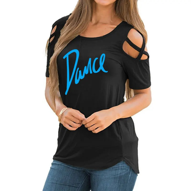 T-shirt femme 2026 Nouvelle mode T-shirt décontracté pour femme avec motif lettres danse, d'été, décontracté, épaules dénudées, ajouré, hauts et t-shirts pour femme