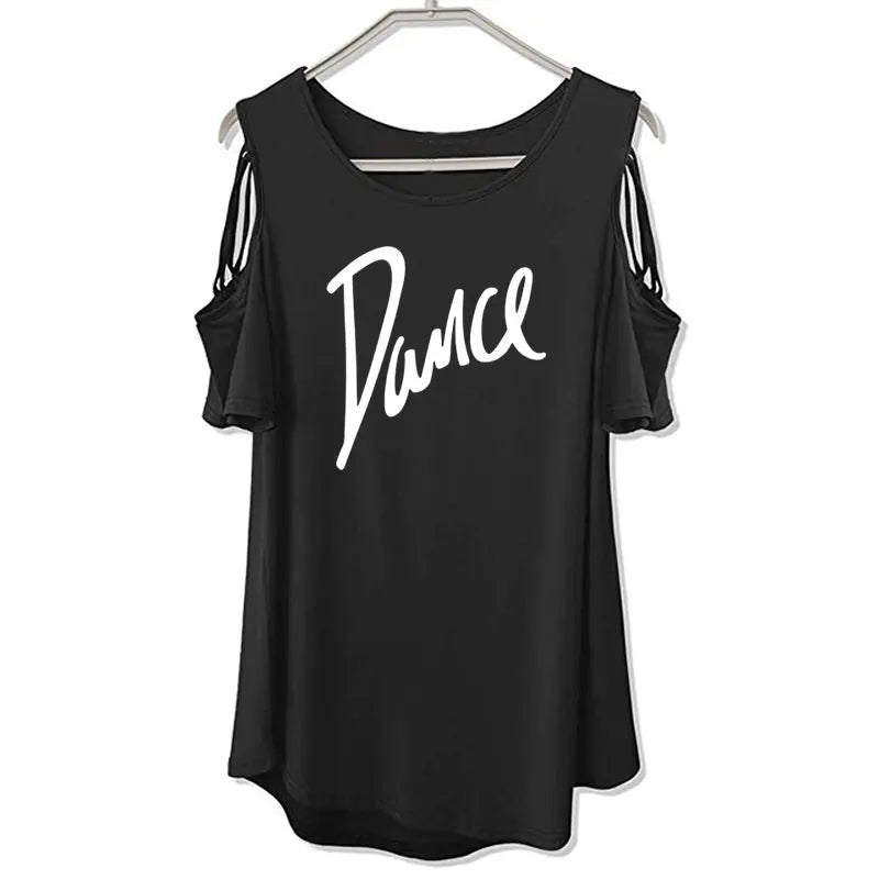 T-shirt femme 2026 Nouvelle mode T-shirt décontracté pour femme avec motif lettres danse, d'été, décontracté, épaules dénudées, ajouré, hauts et t-shirts pour femme