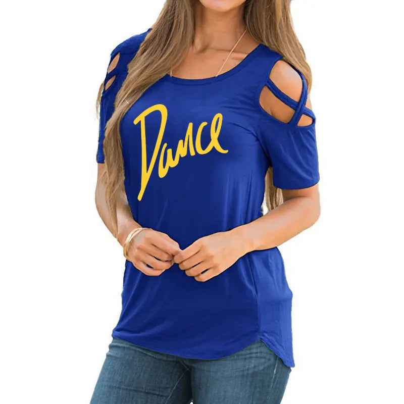T-shirt femme 2026 Nouvelle mode T-shirt décontracté pour femme avec motif lettres danse, d'été, décontracté, épaules dénudées, ajouré, hauts et t-shirts pour femme