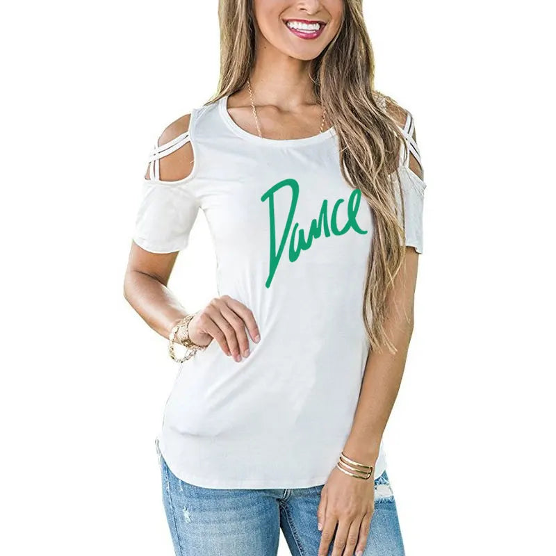 T-shirt femme 2026 Nouvelle mode T-shirt décontracté pour femme avec motif lettres danse, d'été, décontracté, épaules dénudées, ajouré, hauts et t-shirts pour femme