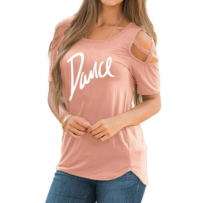 T-shirt femme 2026 Nouvelle mode T-shirt décontracté pour femme avec motif lettres danse, d'été, décontracté, épaules dénudées, ajouré, hauts et t-shirts pour femme