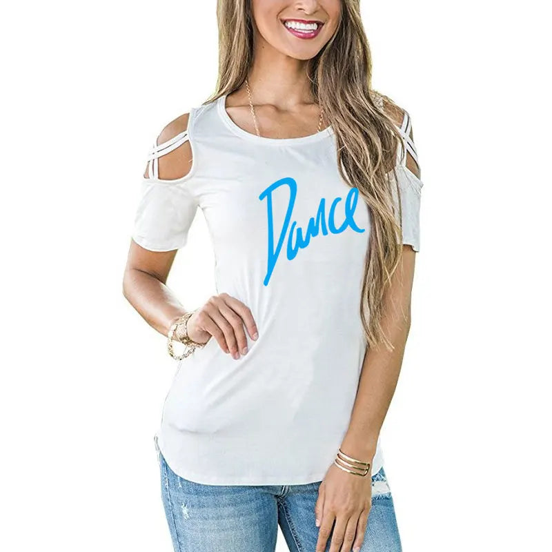 T-shirt femme 2026 Nouvelle mode T-shirt décontracté pour femme avec motif lettres danse, d'été, décontracté, épaules dénudées, ajouré, hauts et t-shirts pour femme