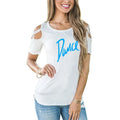 T-shirt femme 2026 Nouvelle mode T-shirt décontracté pour femme avec motif lettres danse, d'été, décontracté, épaules dénudées, ajouré, hauts et t-shirts pour femme