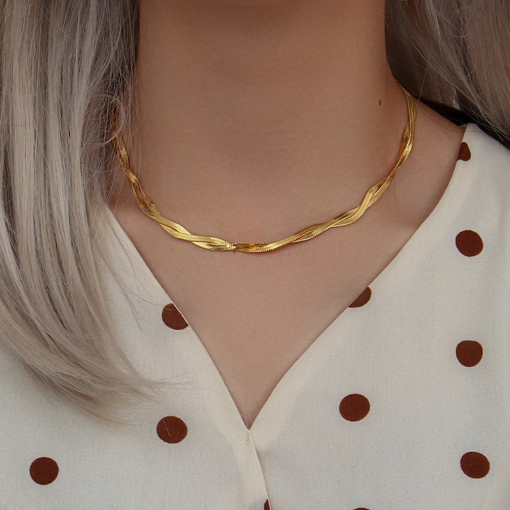 E.B.belle – ensemble de bracelets et colliers en chaîne à chevrons tressées imperméables plaqués or, vente en gros de bijoux en acier inoxydable pour femmes