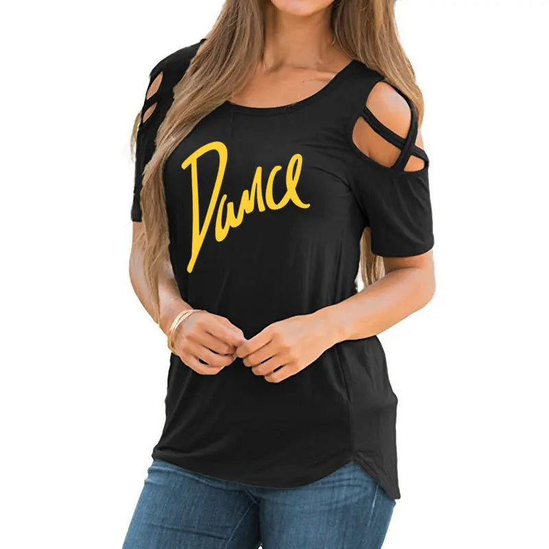 T-shirt femme 2026 Nouvelle mode T-shirt décontracté pour femme avec motif lettres danse, d'été, décontracté, épaules dénudées, ajouré, hauts et t-shirts pour femme