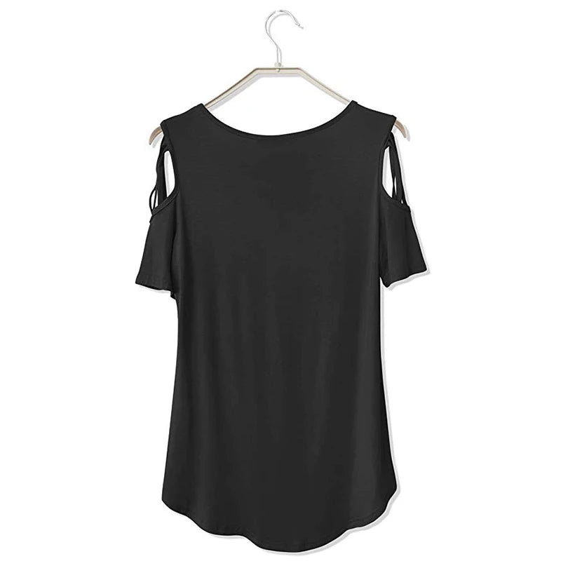 T-shirt femme 2026 Nouvelle mode T-shirt décontracté pour femme avec motif lettres danse, d'été, décontracté, épaules dénudées, ajouré, hauts et t-shirts pour femme