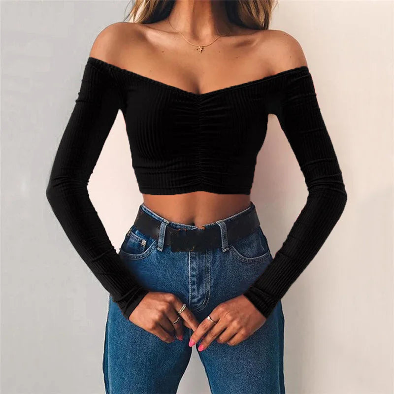 Femmes T-shirts sexy et club mode femme T-shirt à manches longues épaules nues couleur unie dame T-shirt automne T-shirts de base