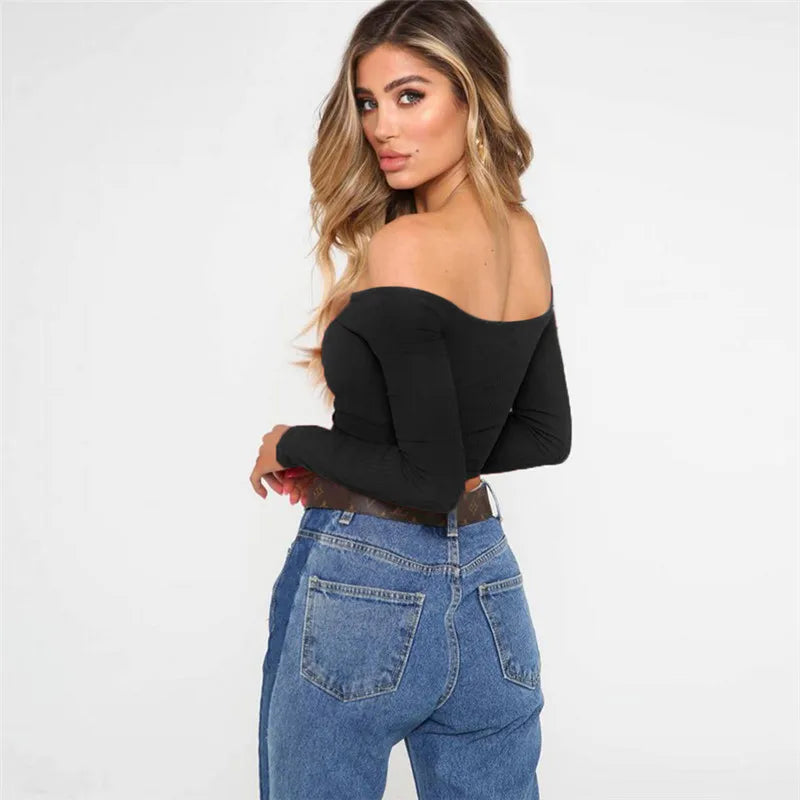 Femmes T-shirts sexy et club mode femme T-shirt à manches longues épaules nues couleur unie dame T-shirt automne T-shirts de base