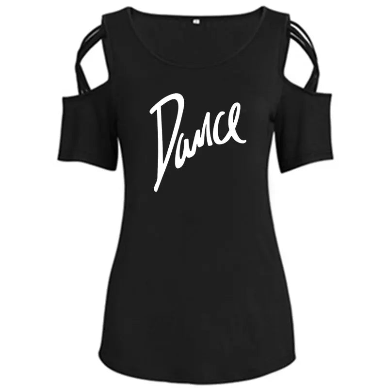 T-shirt femme 2026 Nouvelle mode T-shirt décontracté pour femme avec motif lettres danse, d'été, décontracté, épaules dénudées, ajouré, hauts et t-shirts pour femme