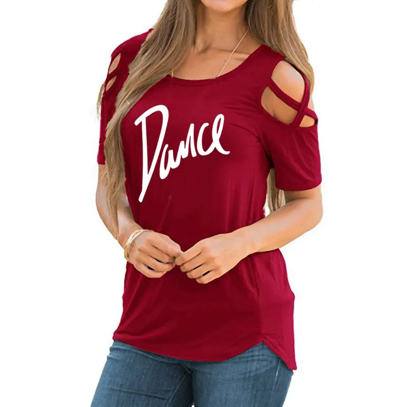 T-shirt femme 2026 Nouvelle mode T-shirt décontracté pour femme avec motif lettres danse, d'été, décontracté, épaules dénudées, ajouré, hauts et t-shirts pour femme