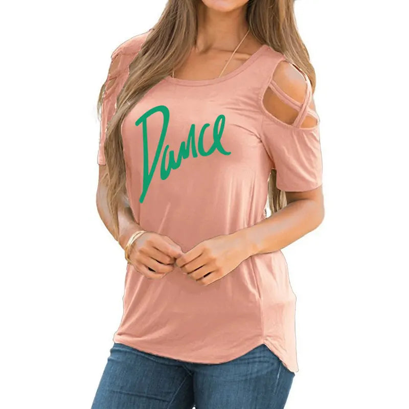 T-shirt femme 2026 Nouvelle mode T-shirt décontracté pour femme avec motif lettres danse, d'été, décontracté, épaules dénudées, ajouré, hauts et t-shirts pour femme