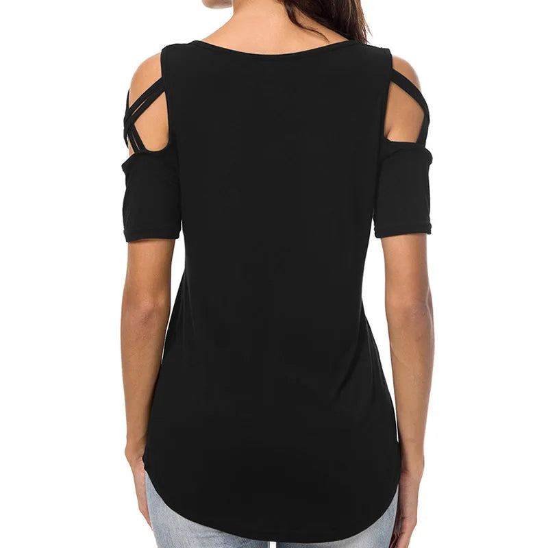 T-shirt femme 2026 Nouvelle mode T-shirt décontracté pour femme avec motif lettres danse, d'été, décontracté, épaules dénudées, ajouré, hauts et t-shirts pour femme