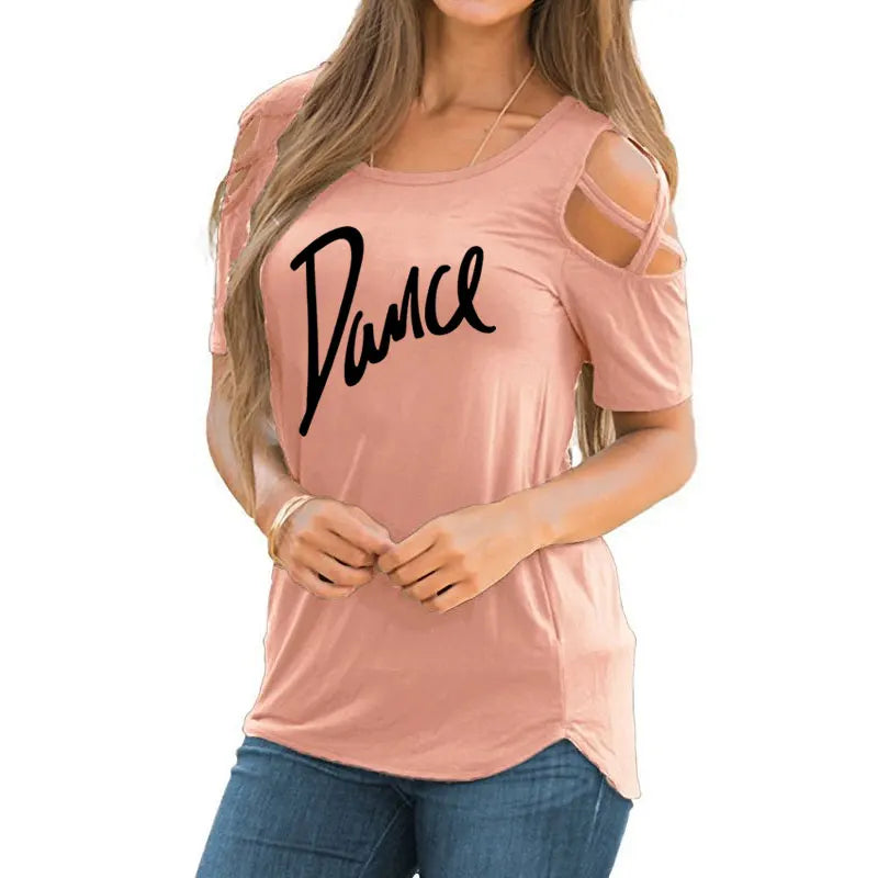 T-shirt femme 2026 Nouvelle mode T-shirt décontracté pour femme avec motif lettres danse, d'été, décontracté, épaules dénudées, ajouré, hauts et t-shirts pour femme