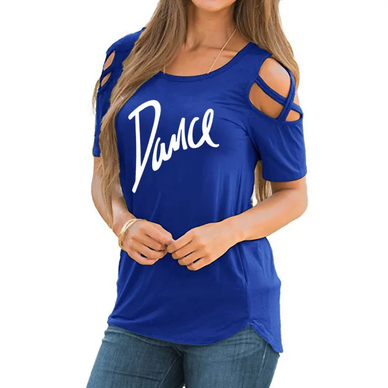 T-shirt femme 2026 Nouvelle mode T-shirt décontracté pour femme avec motif lettres danse, d'été, décontracté, épaules dénudées, ajouré, hauts et t-shirts pour femme