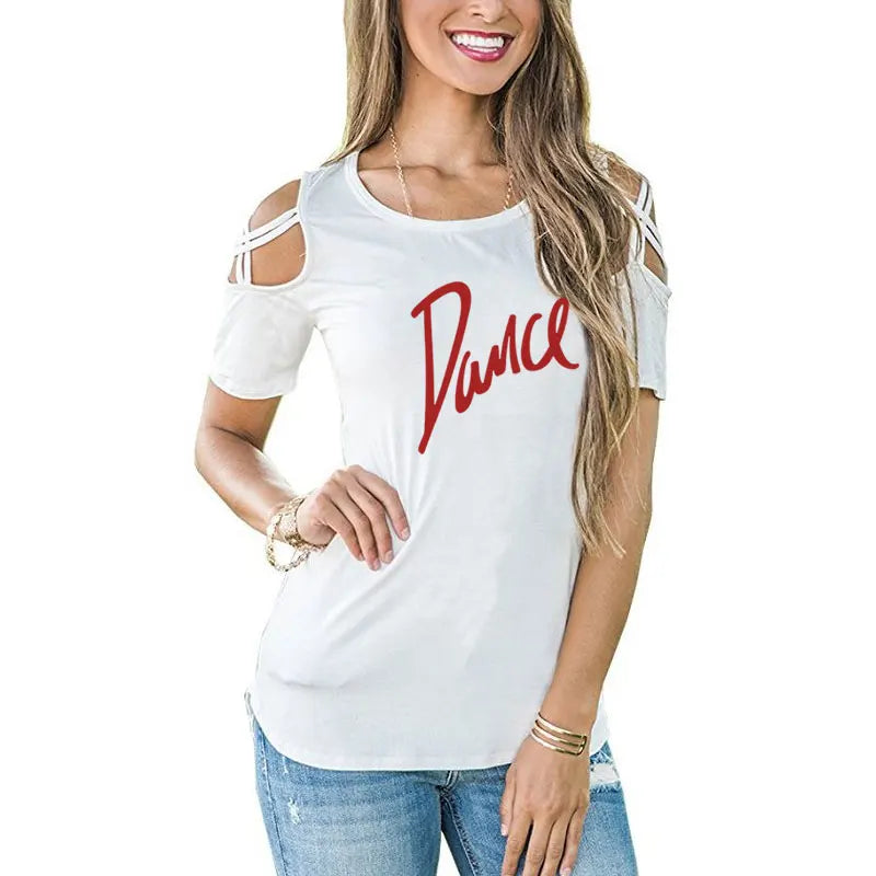 T-shirt femme 2026 Nouvelle mode T-shirt décontracté pour femme avec motif lettres danse, d'été, décontracté, épaules dénudées, ajouré, hauts et t-shirts pour femme