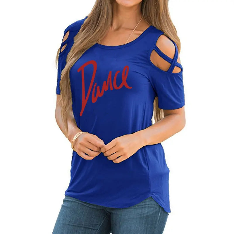T-shirt femme 2026 Nouvelle mode T-shirt décontracté pour femme avec motif lettres danse, d'été, décontracté, épaules dénudées, ajouré, hauts et t-shirts pour femme