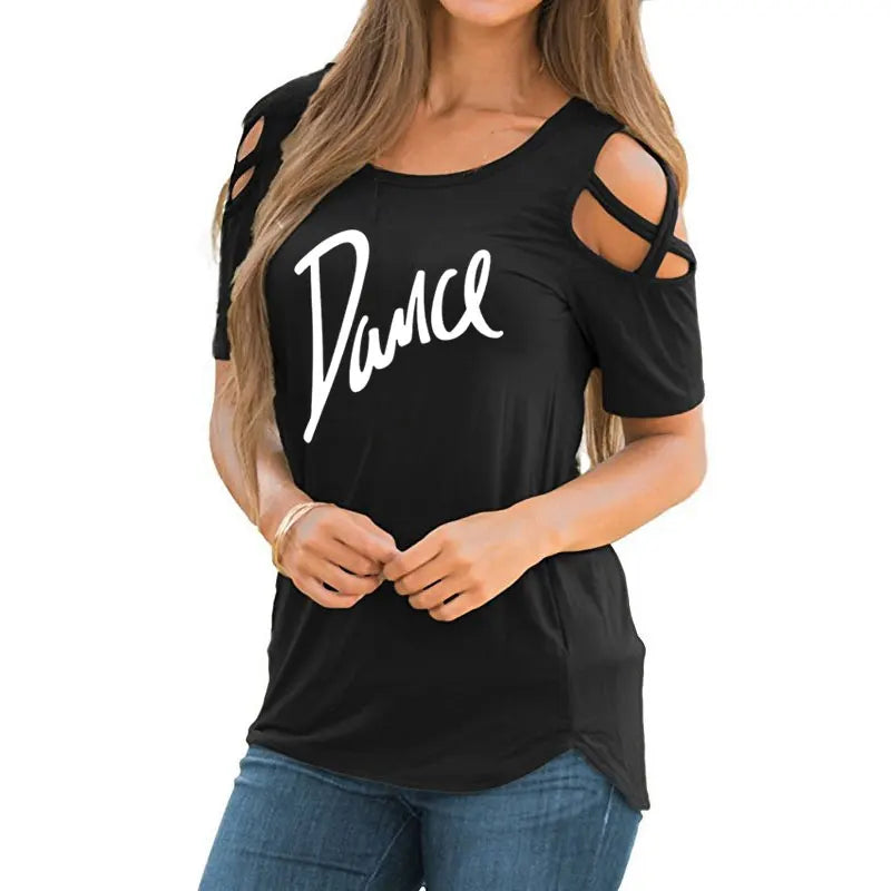 T-shirt femme 2026 Nouvelle mode T-shirt décontracté pour femme avec motif lettres danse, d'été, décontracté, épaules dénudées, ajouré, hauts et t-shirts pour femme