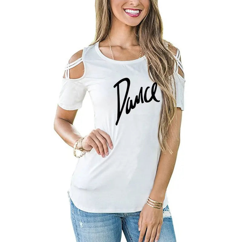 T-shirt femme 2026 Nouvelle mode T-shirt décontracté pour femme avec motif lettres danse, d'été, décontracté, épaules dénudées, ajouré, hauts et t-shirts pour femme