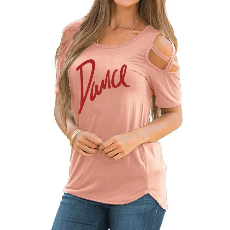 T-shirt femme 2026 Nouvelle mode T-shirt décontracté pour femme avec motif lettres danse, d'été, décontracté, épaules dénudées, ajouré, hauts et t-shirts pour femme