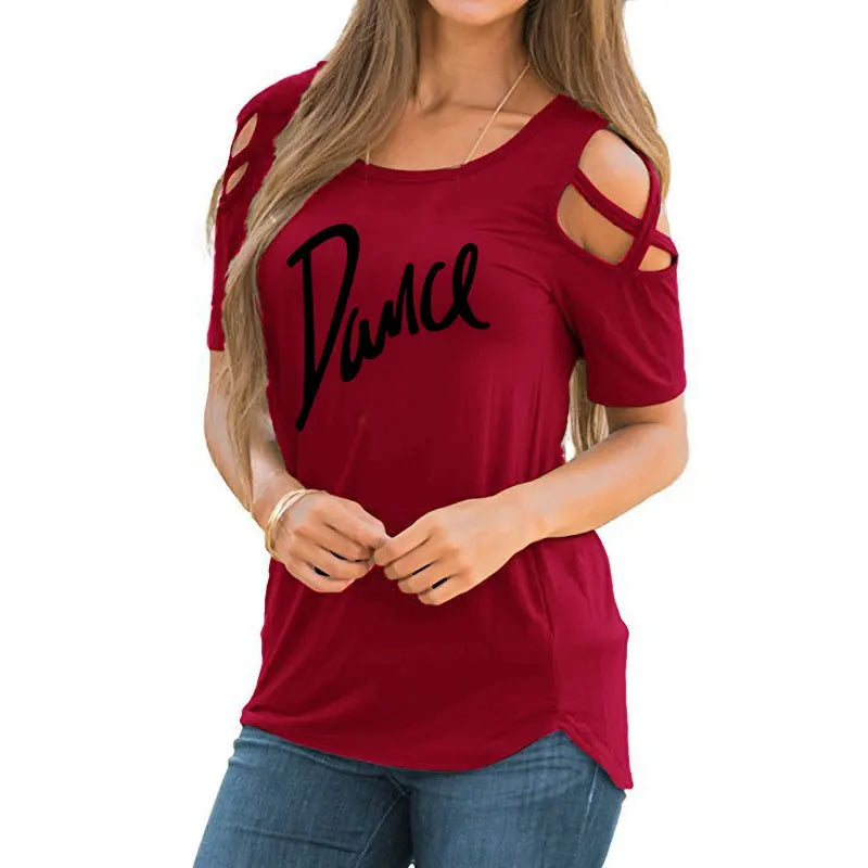 T-shirt femme 2026 Nouvelle mode T-shirt décontracté pour femme avec motif lettres danse, d'été, décontracté, épaules dénudées, ajouré, hauts et t-shirts pour femme