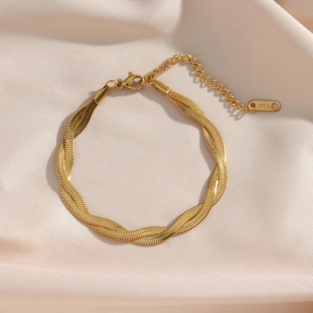 E.B.belle – ensemble de bracelets et colliers en chaîne à chevrons tressées imperméables plaqués or, vente en gros de bijoux en acier inoxydable pour femmes