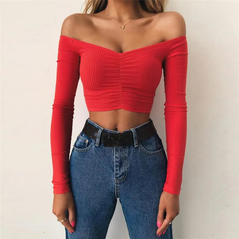 Femmes T-shirts sexy et club mode femme T-shirt à manches longues épaules nues couleur unie dame T-shirt automne T-shirts de base