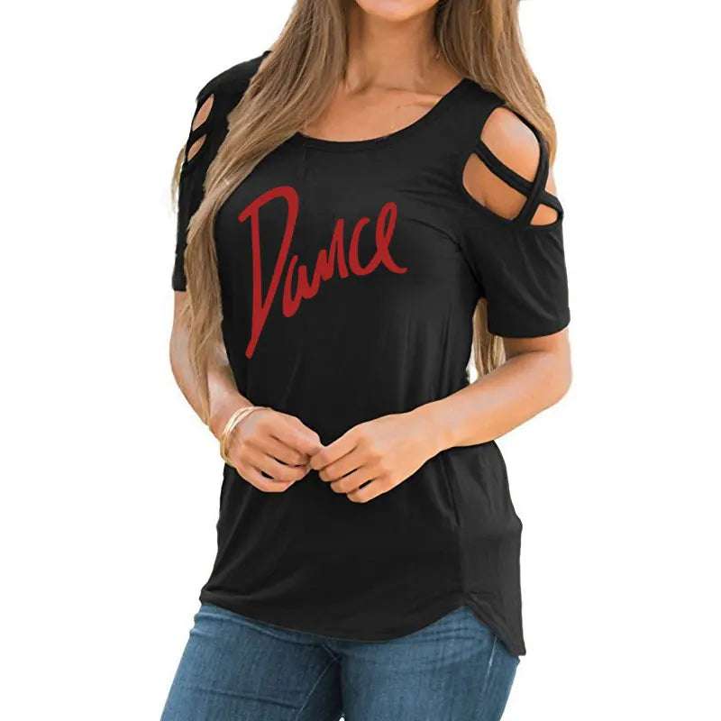 T-shirt femme 2026 Nouvelle mode T-shirt décontracté pour femme avec motif lettres danse, d'été, décontracté, épaules dénudées, ajouré, hauts et t-shirts pour femme