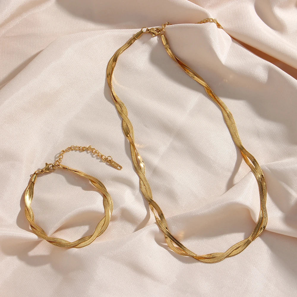 E.B.belle – ensemble de bracelets et colliers en chaîne à chevrons tressées imperméables plaqués or, vente en gros de bijoux en acier inoxydable pour femmes