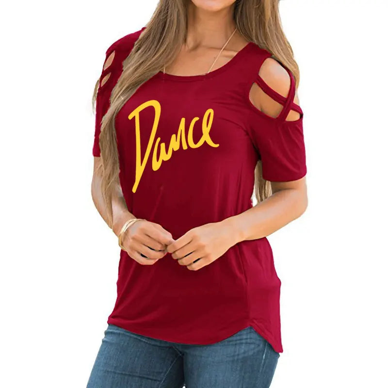 T-shirt femme 2026 Nouvelle mode T-shirt décontracté pour femme avec motif lettres danse, d'été, décontracté, épaules dénudées, ajouré, hauts et t-shirts pour femme