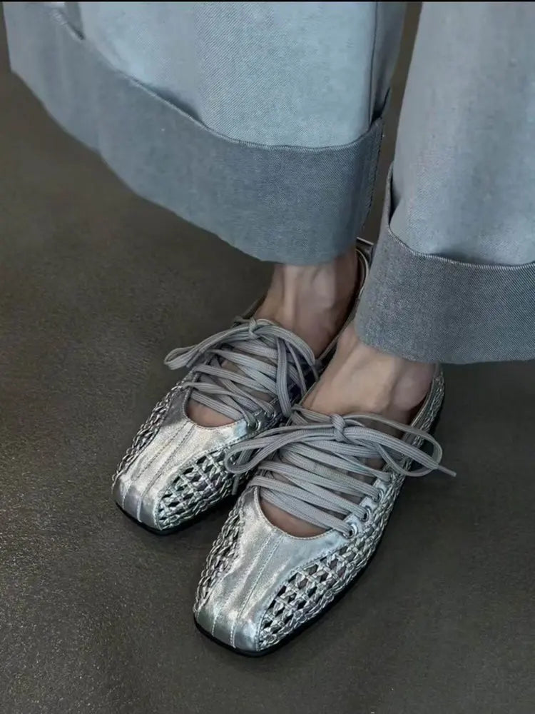 Chaussures de ballet plates pour femmes, chaussures décontractées de créateur, chaussures de sport à bout carré en maille, baskets tendance à lacets, confortables pour femme