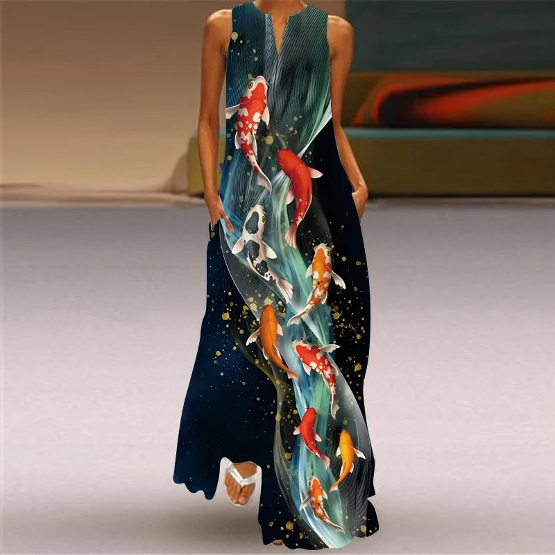Robe maxi imprimée vintage pour femmes, robes d'été en fibre longue, col en V élégant, poche Boho, robe d'été de plage, robe éducative