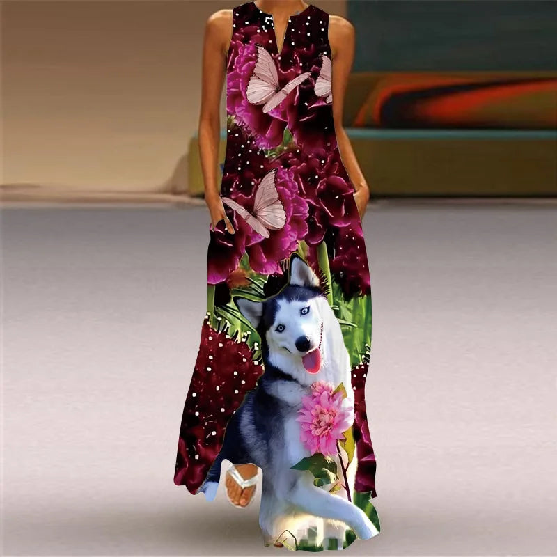 Robe maxi imprimée vintage pour femmes, robes d'été en fibre longue, col en V élégant, poche Boho, robe d'été de plage, robe éducative