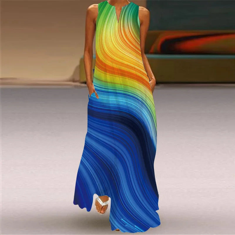 Robe maxi imprimée vintage pour femmes, robes d'été en fibre longue, col en V élégant, poche Boho, robe d'été de plage, robe éducative