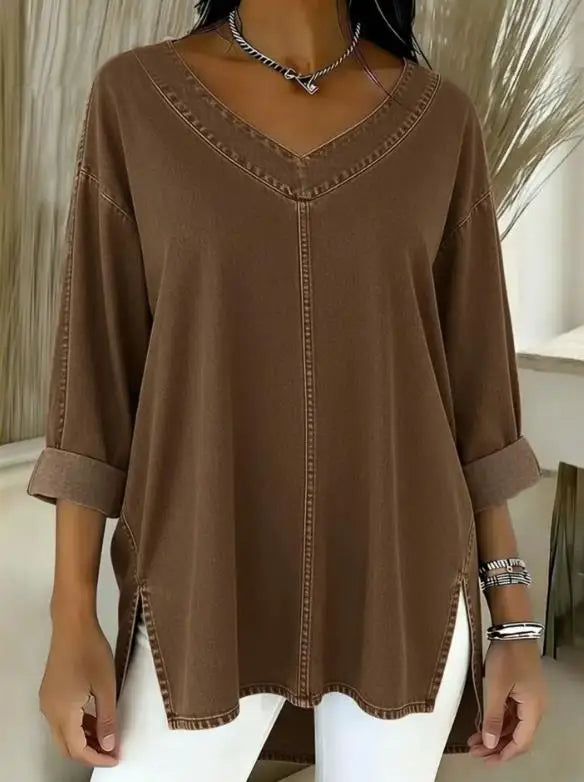 T-shirt pour femme, nouvelle collection printemps, tendance, couleur unie, col en V simple, tissu en jean ample, polyvalent, manches longues
