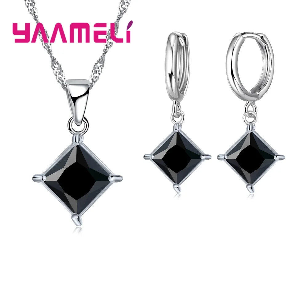 Nouvelle grande Promotion 925 en argent Sterling brillant carré Zircons pendentif collier et boucles d'oreilles ensembles de bijoux pour la vente en gros