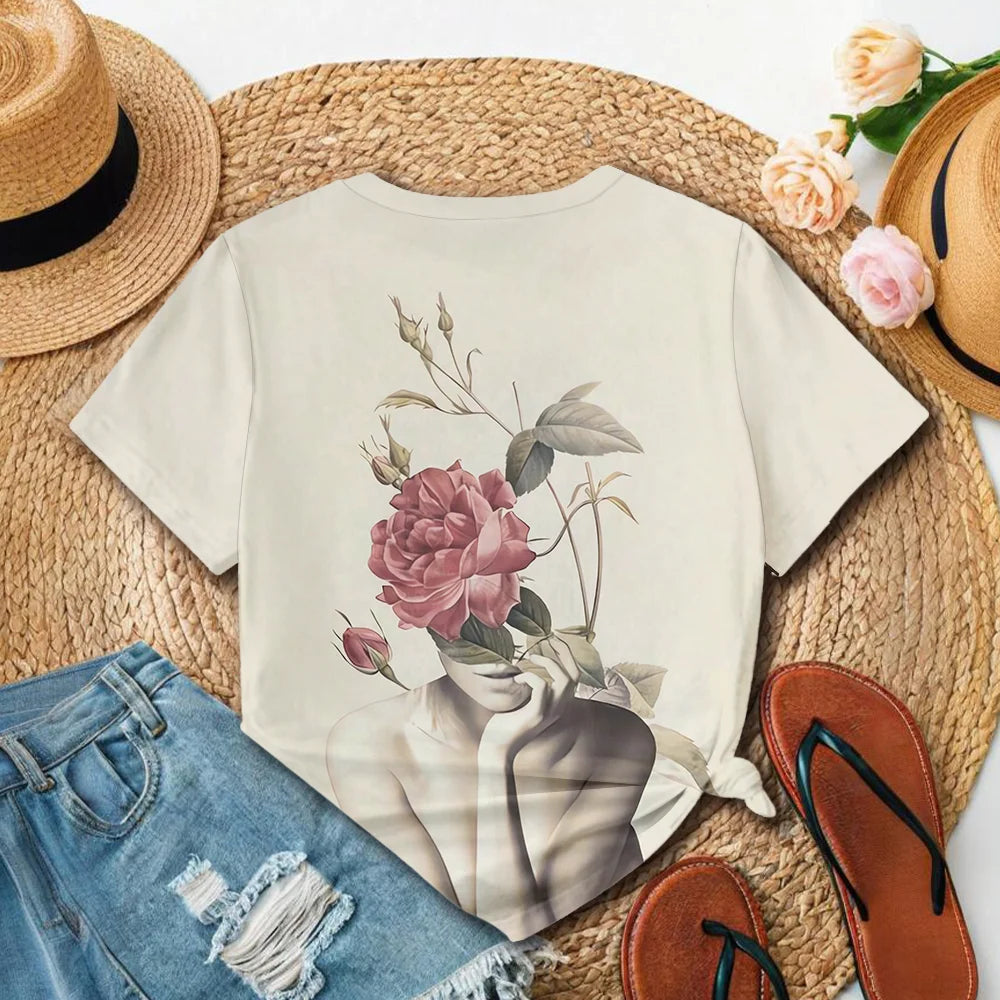T-shirt femme avec sculpture beige et motif floral - Art Style décontracté été col rond manches courtes