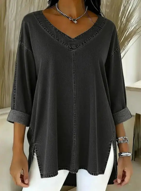 T-shirt pour femme, nouvelle collection printemps, tendance, couleur unie, col en V simple, tissu en jean ample, polyvalent, manches longues