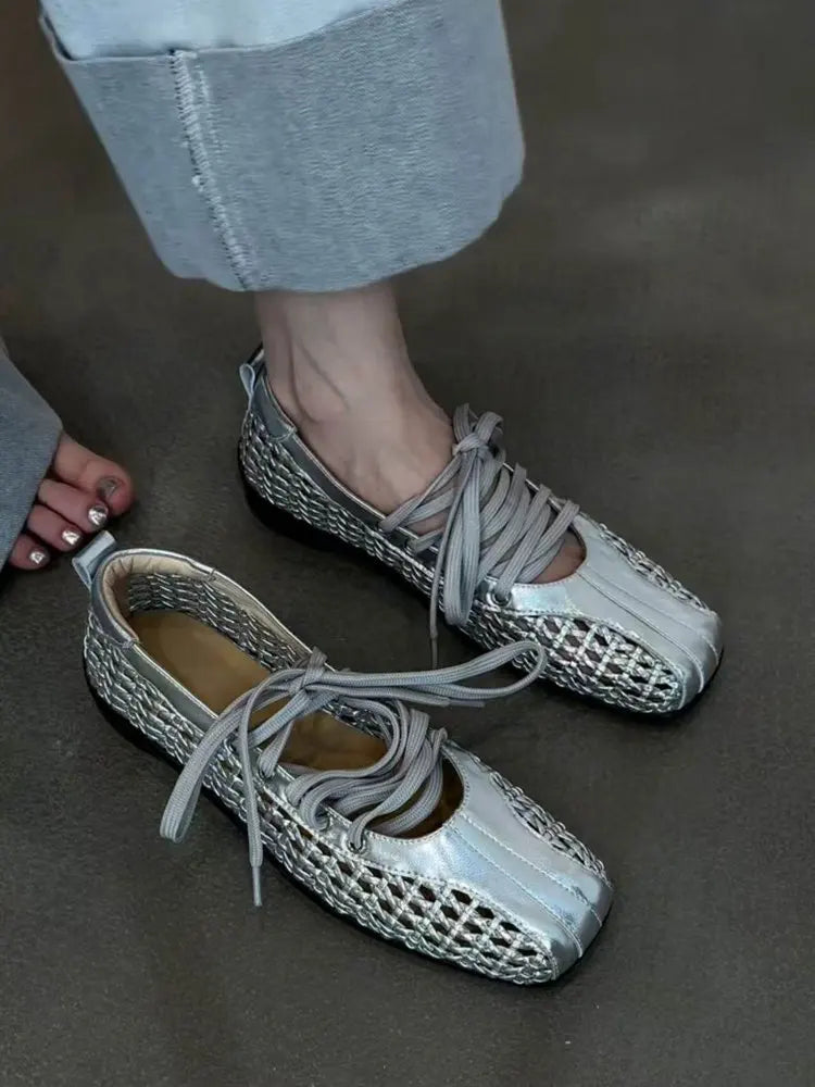 Chaussures de ballet plates pour femmes, chaussures décontractées de créateur, chaussures de sport à bout carré en maille, baskets tendance à lacets, confortables pour femme