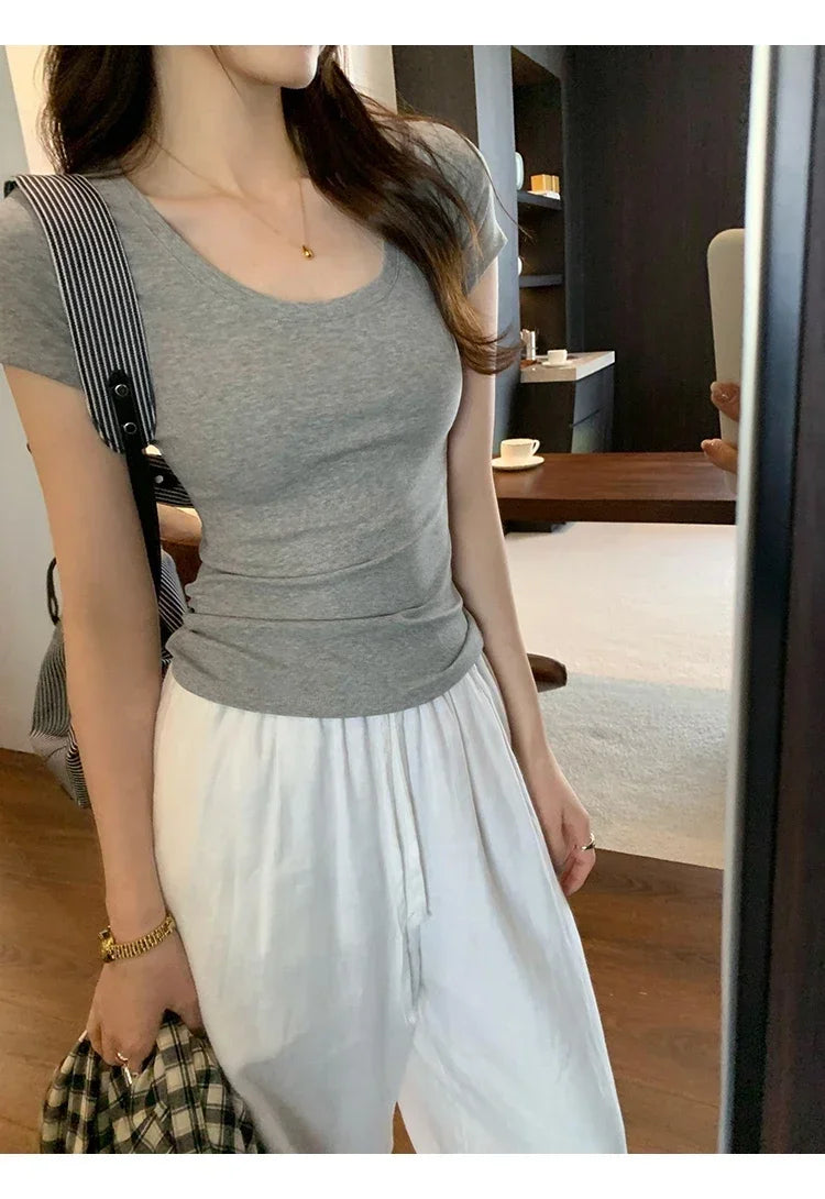 Femme 2026 été décontracté coton t-shirt pour femmes à manches courtes t-shirts mode femmes vêtements mince basique col rond Y2K t-shirt