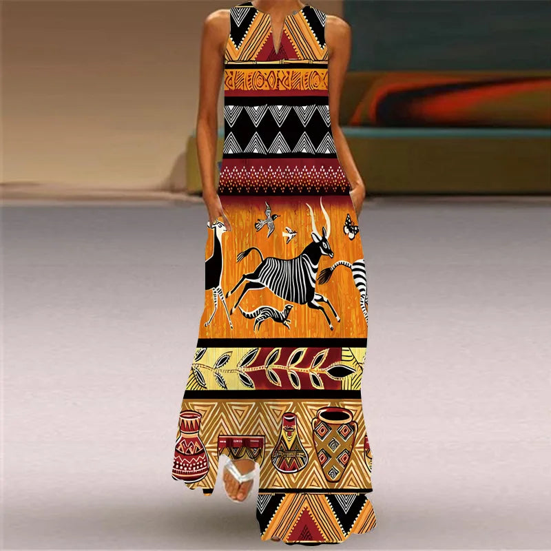 Robe maxi imprimée vintage pour femmes, robes d'été en fibre longue, col en V élégant, poche Boho, robe d'été de plage, robe éducative