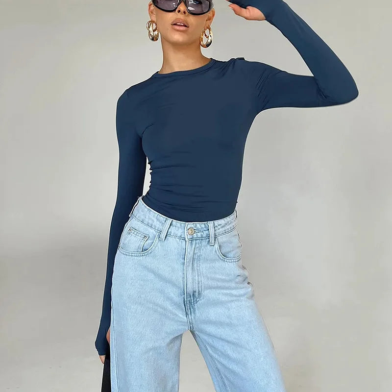 Mode femmes T-shirt à manches longues col rond solide coupe ajustée dames haut court avec trous pour les pouces pour le quotidien Streetwear été Camis