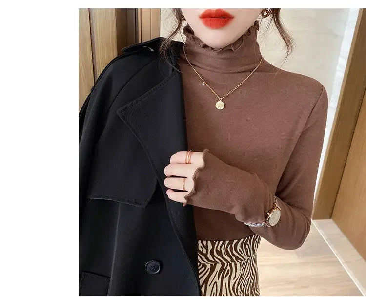 Femme t-shirts femme col roulé à manches longues T-Shirt automne hiver à volants Mujer Camisetas col mi-haut Plus hauts polaires