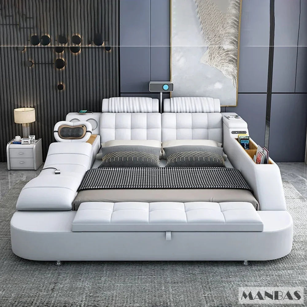 Lit Linlamlim Tech Smart en cuir véritable |   Lits ultimes multifonctionnels |   Lit Tatami de massage avec projecteur |   Cama rembourrée