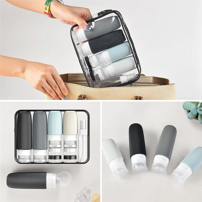 VELIF-Kit de conteneurs en Silicone pour bouteilles de voyage pour articles de toilette, essentiels d'avion, accessoires rechargeables anti-fuite, trousse de toilette