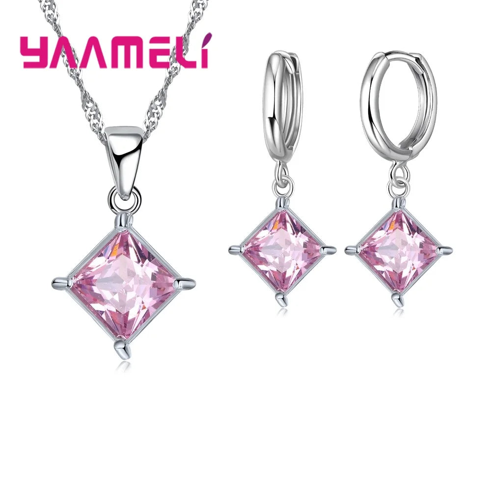 Nouvelle grande Promotion 925 en argent Sterling brillant carré Zircons pendentif collier et boucles d'oreilles ensembles de bijoux pour la vente en gros