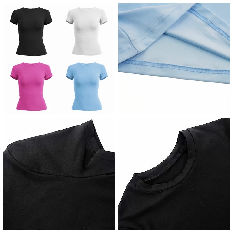 Femme vêtements à manches courtes T-shirt coupe ajustée hauts femme col rond tricoté gaine T-shirt vêtements de rue sexe sportif 2024 Y2K New2410