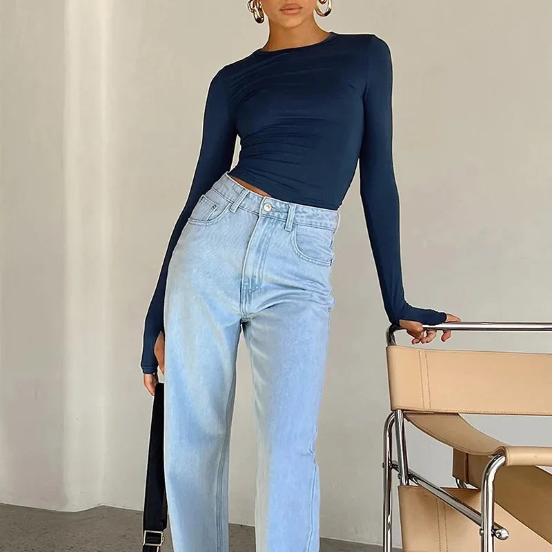 Mode femmes T-shirt à manches longues col rond solide coupe ajustée dames haut court avec trous pour les pouces pour le quotidien Streetwear été Camis