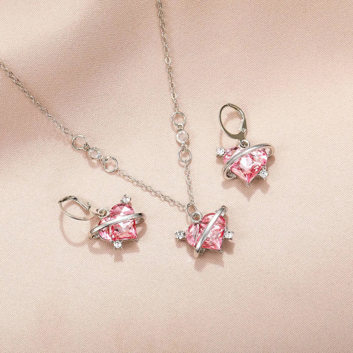 Ensemble de colliers et boucles d'oreilles pour femmes, pendentif en cristal rose en Zircon en forme de cœur, bijoux pour femmes, cadeaux exquis, nouvelle mode