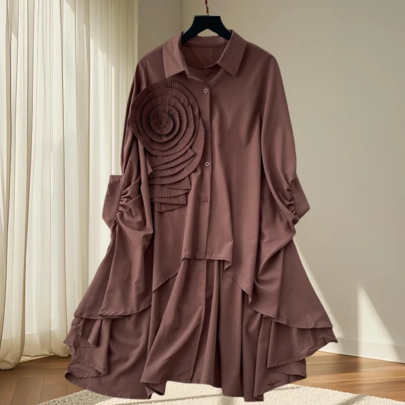 2025, nouveau, européen, vêtements, ample, chemisier, Chic, col rabattu, irrégulier, fleurs tridimensionnelles, femmes, manches chauve-souris, hauts, 41293
