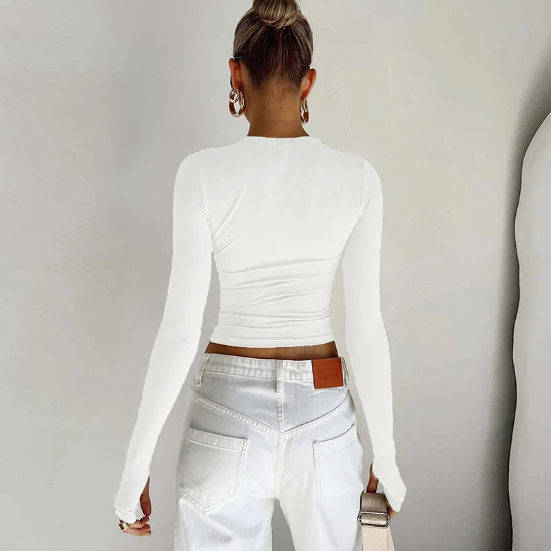 Mode femmes T-shirt à manches longues col rond solide coupe ajustée dames haut court avec trous pour les pouces pour le quotidien Streetwear été Camis